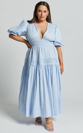 Mellie Midi Dress - Puff Sleeve Plunge Tiered Dress in Soft Blue